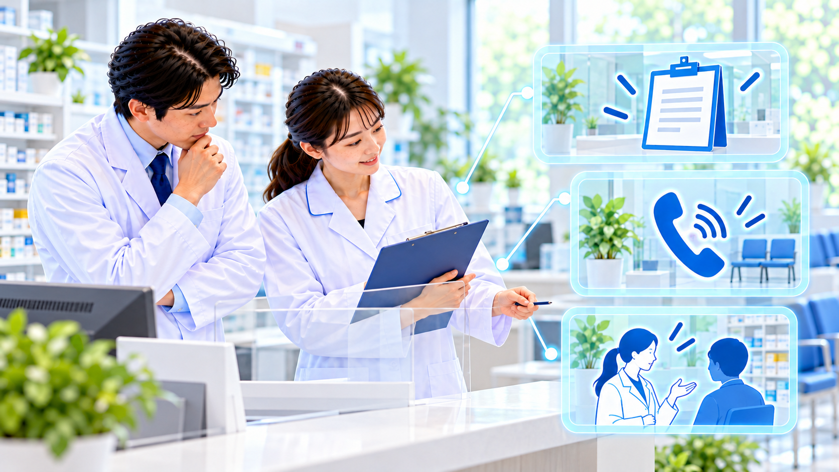 患者案内と連絡方法を相談する薬局スタッフのイメージ