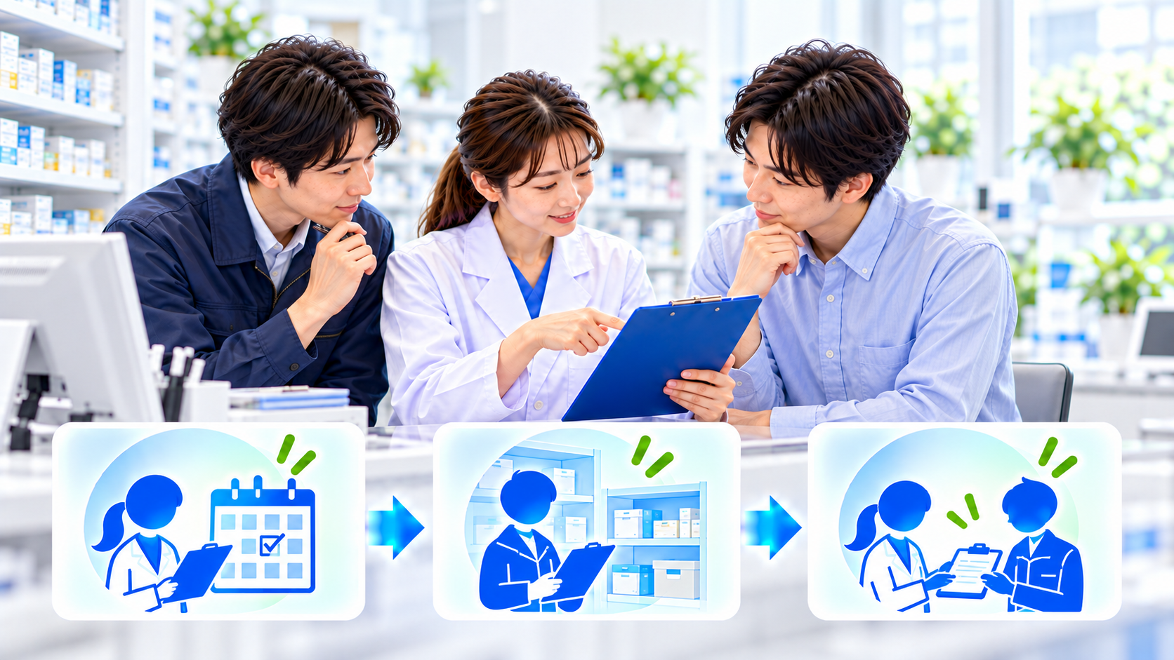 日程と設備、担当者間の引継ぎを確認するイメージ