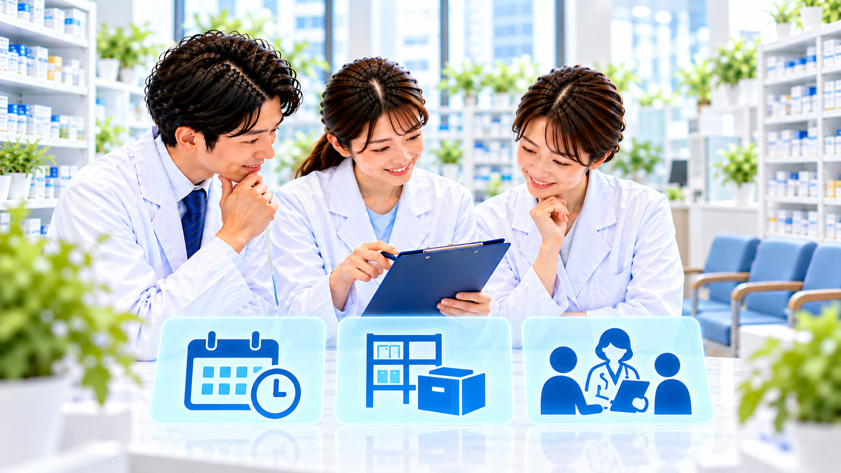 日程、設備と相談先をチームで確認するイメージ