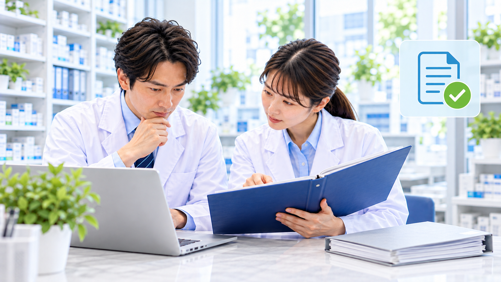 薬局スタッフが手順書と画面を見比べ、今使う版を確認する説明用イメージ