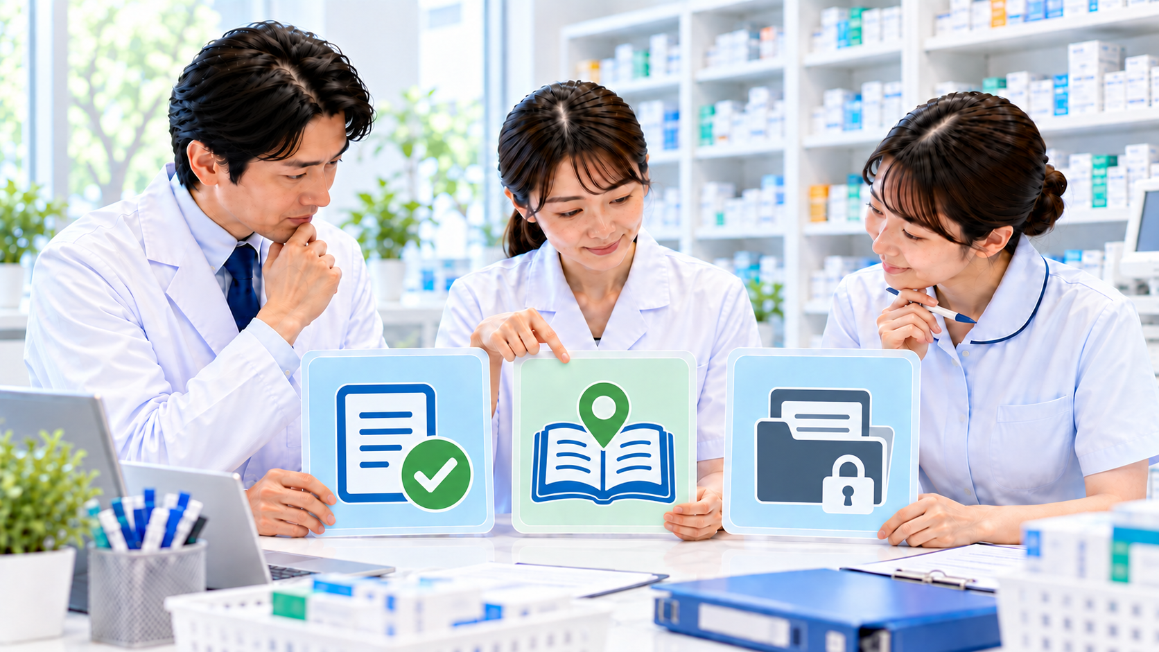 承認済み文書、参照場所、保管用フォルダの3カードを薬局スタッフが確認するイメージ