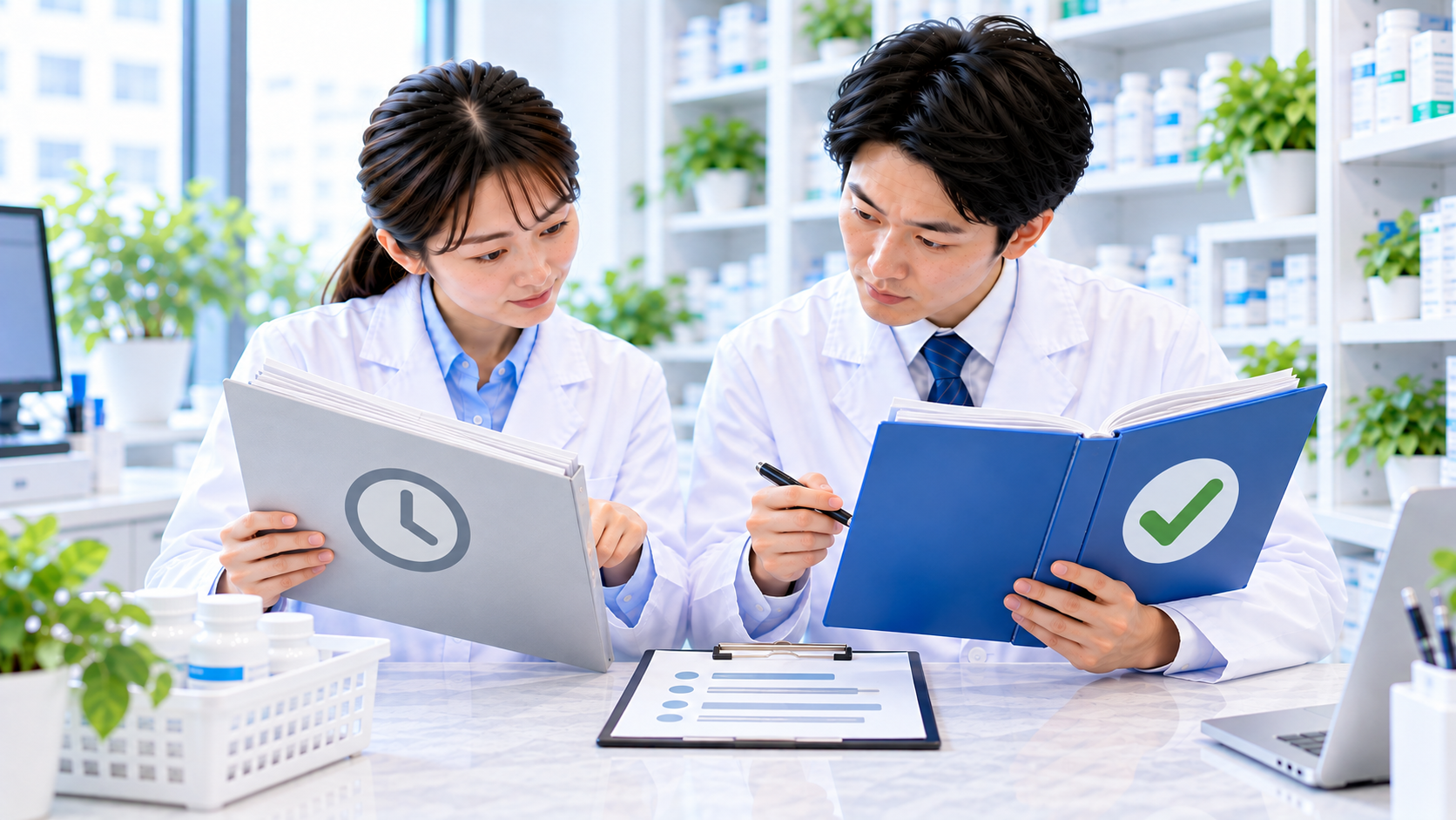 承認済みの青い手順書と適用前の資料を分けて確認する薬剤師のイメージ
