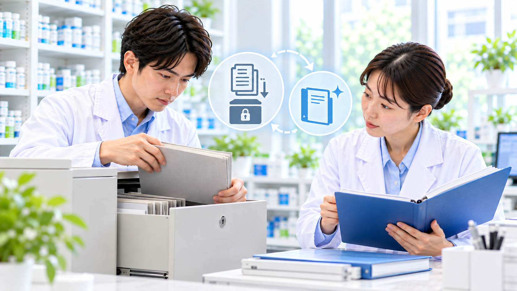 旧版の資料を所定の保管場所へ分け、現行の手順書を参照場所に残すイメージ