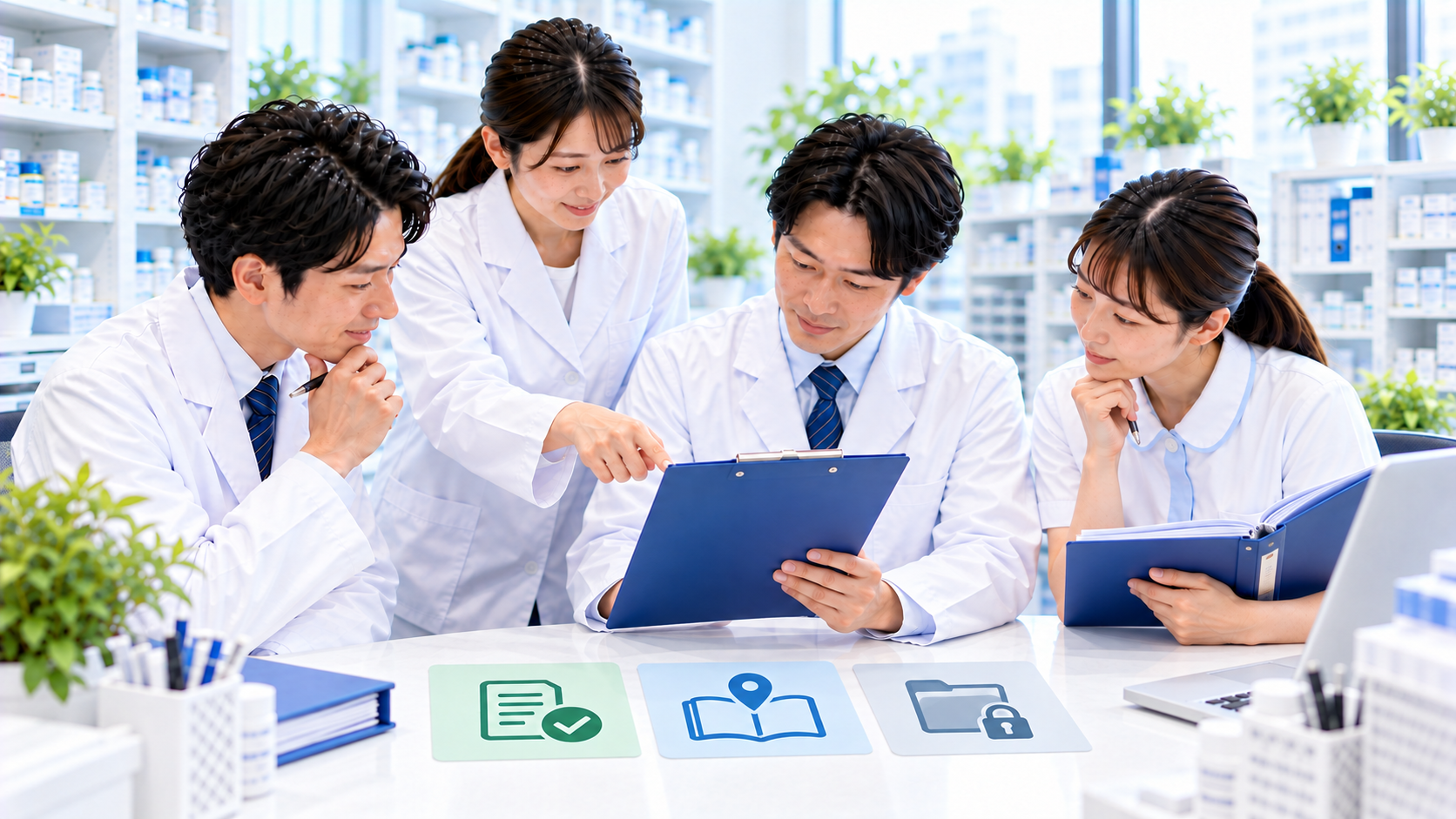 薬局チームが現行版、参照場所、旧版保管を確認して記録を共有するイメージ