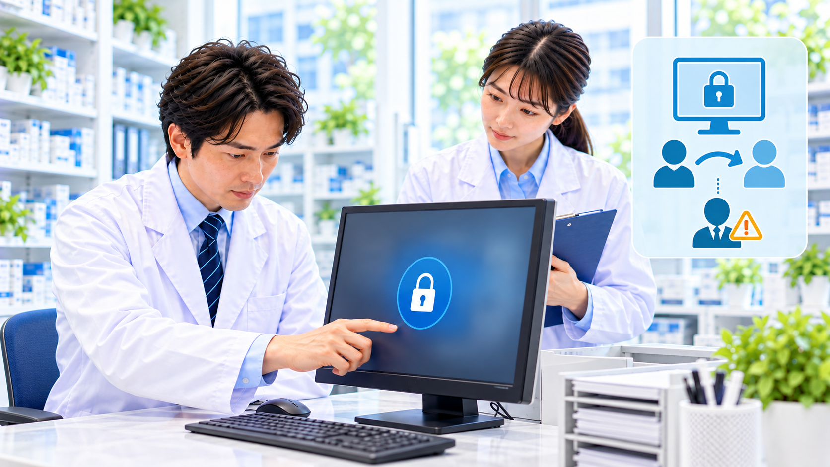 薬局の共有端末と離席、担当交代、異常時の連絡を確認するスタッフのイメージ