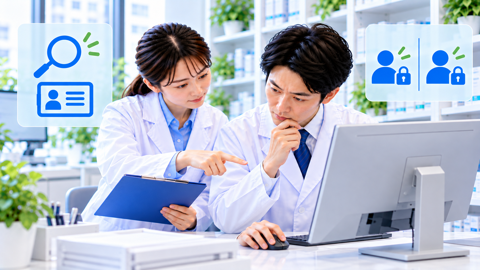 薬局スタッフが端末、本人の識別、利用可能な業務を別々に確認するイメージ