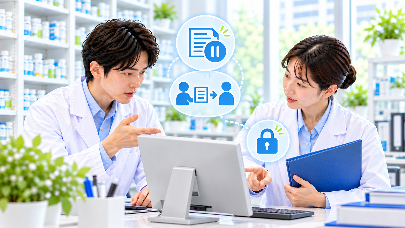 担当を交代する二人の薬局スタッフが作業状態と次の担当を共有するイメージ