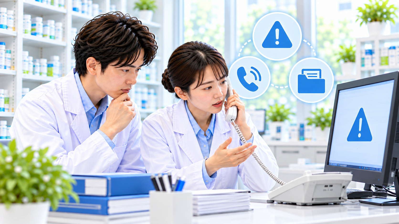 不審な画面を見た薬局スタッフが所定の管理者へ連絡するイメージ
