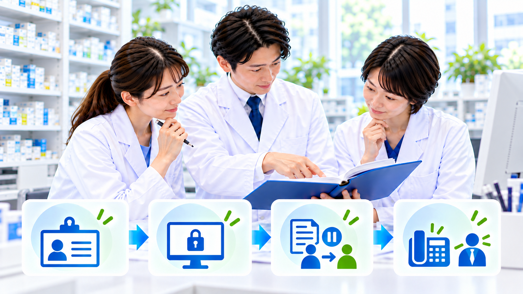 本人確認から離席、保存状態の確認、担当交代へ進む薬局の机上確認イメージ