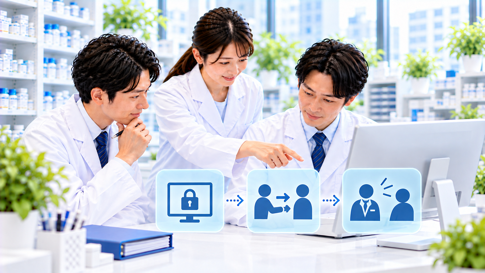 薬局スタッフが画面保護、本人確認、引継ぎ、連絡先をまとめて確かめるイメージ