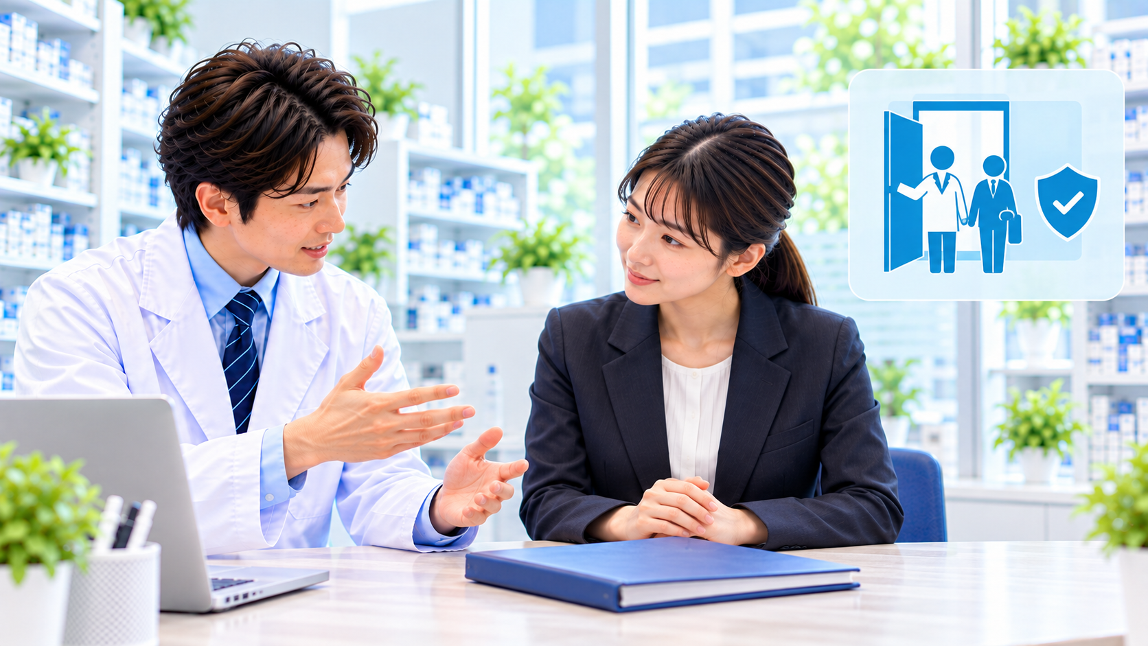 薬局の見学を受け入れる前に案内内容を話し合う薬剤師と成人の来訪者