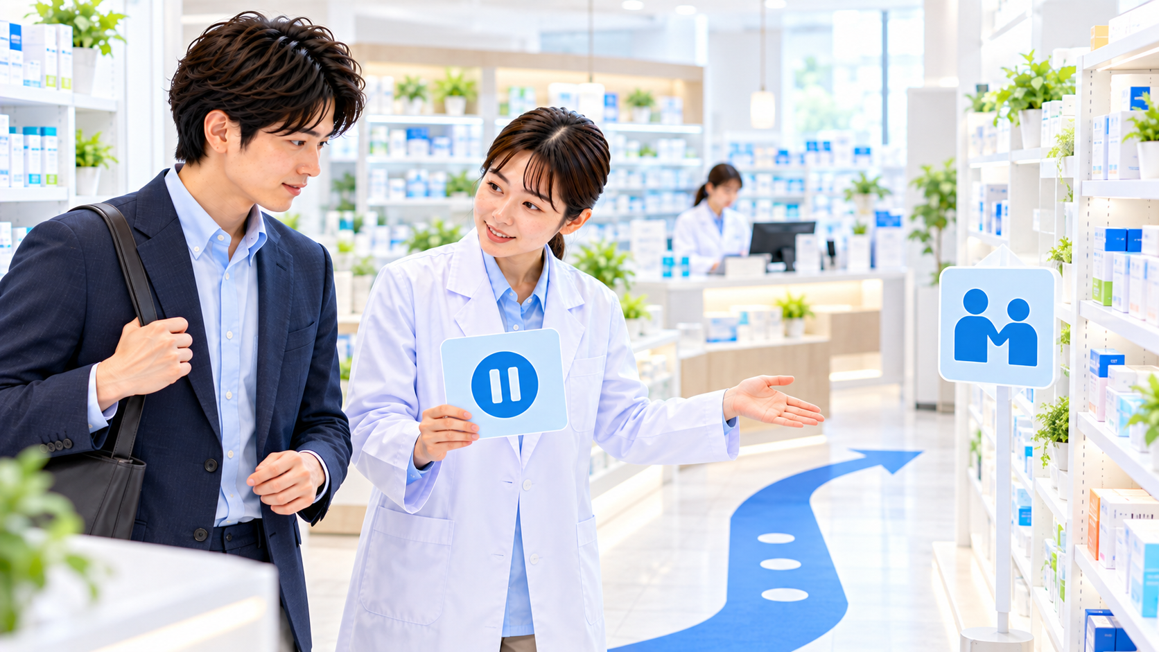 薬局の案内経路と一時中断を確認しながら成人の見学者に同行する薬剤師