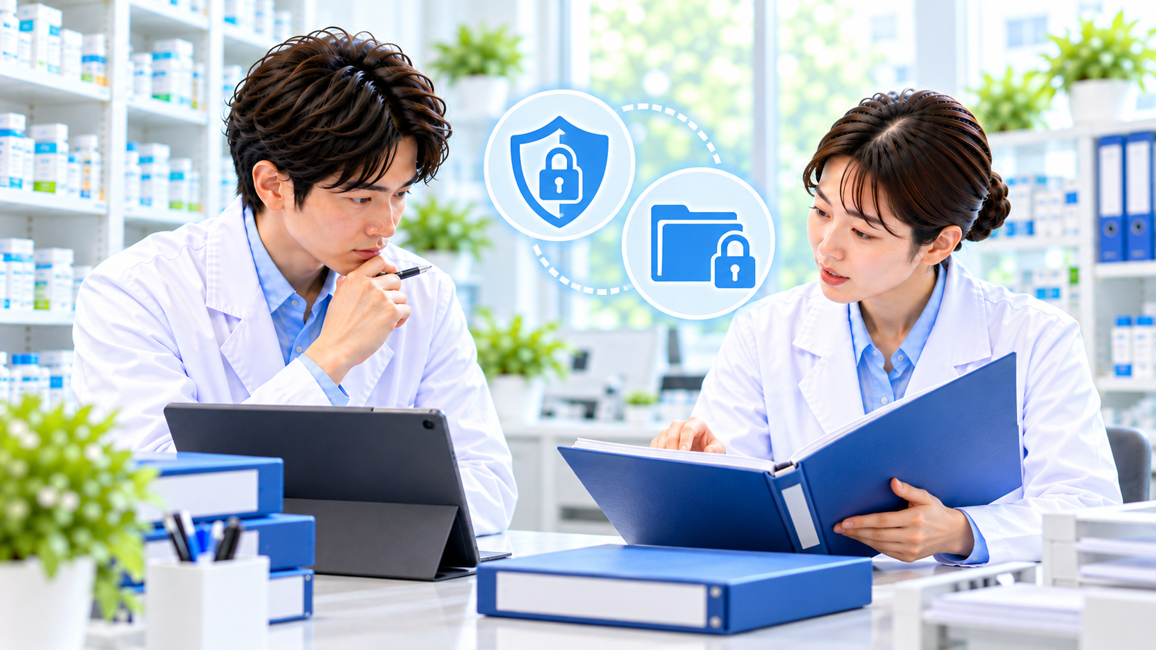 見学用の説明に使える資料と見せない情報を薬局スタッフが確認する場面