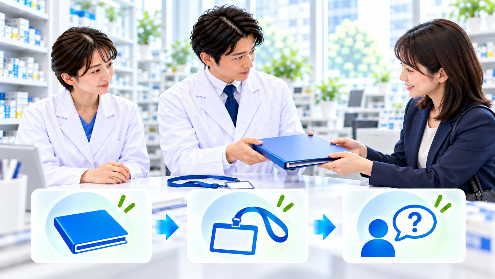 見学終了時に資料と貸した物、残る質問を薬剤師と来訪者が確認する場面