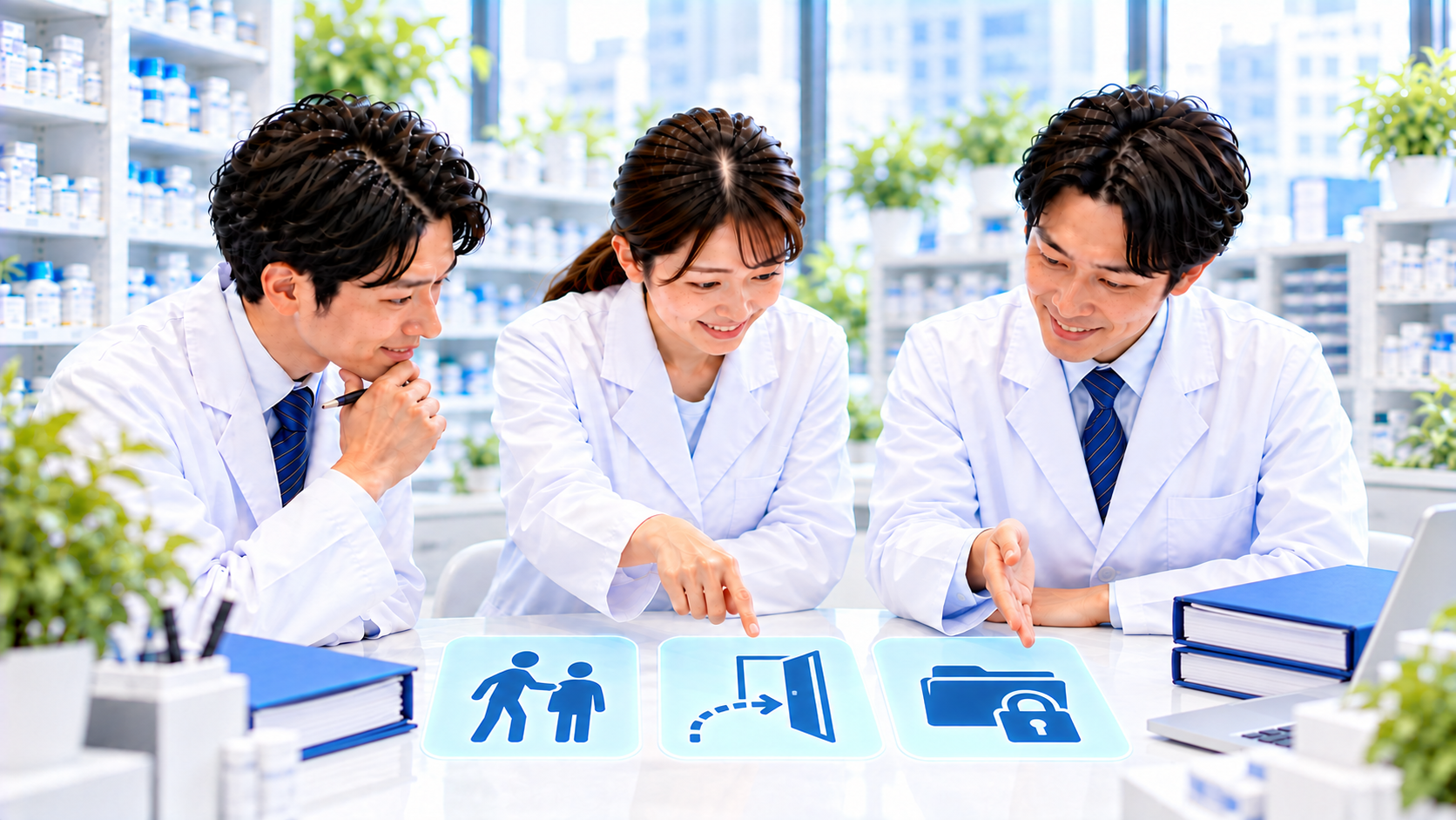 案内する人と経路、守る情報を三つのカードで確認する薬局スタッフ
